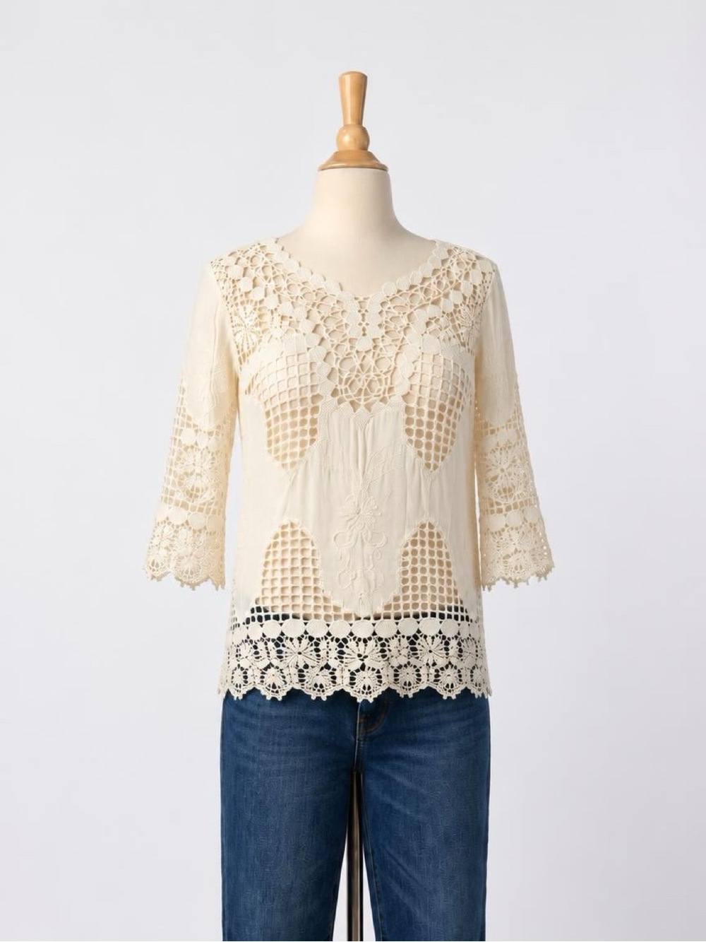 Miss Kelly 1999 Ivory Crochet Lace & Embroidered Boho Tunic – S/M